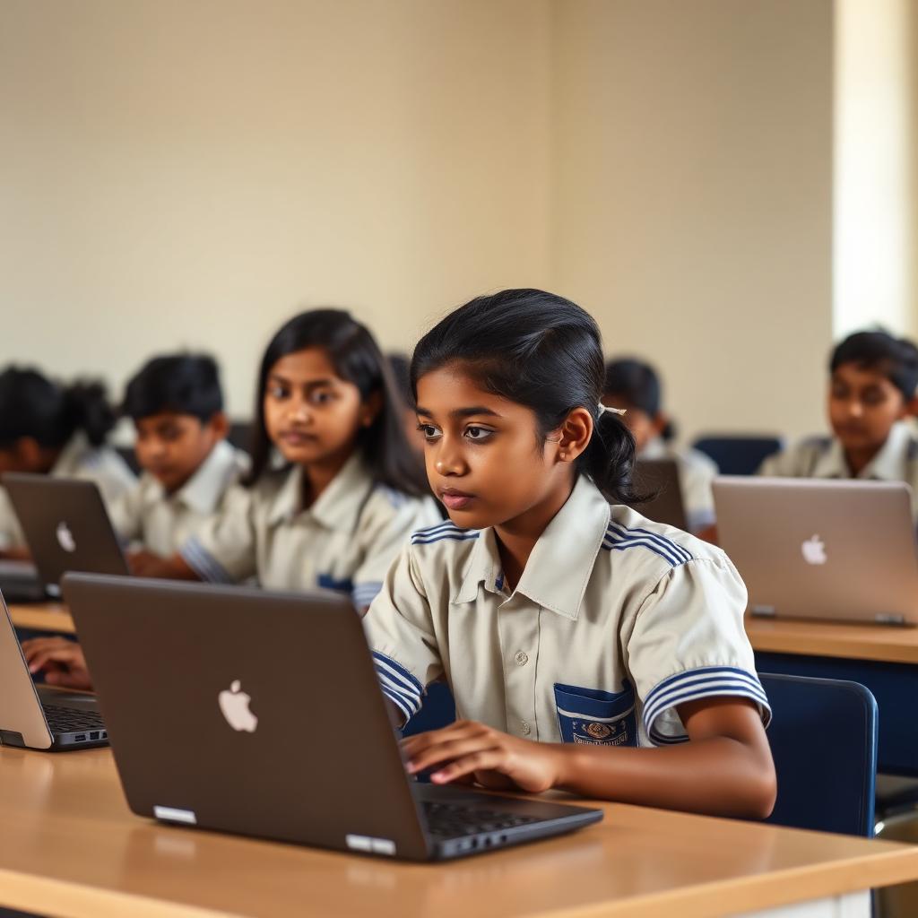 Indian middle school students working on laptops in a classroom