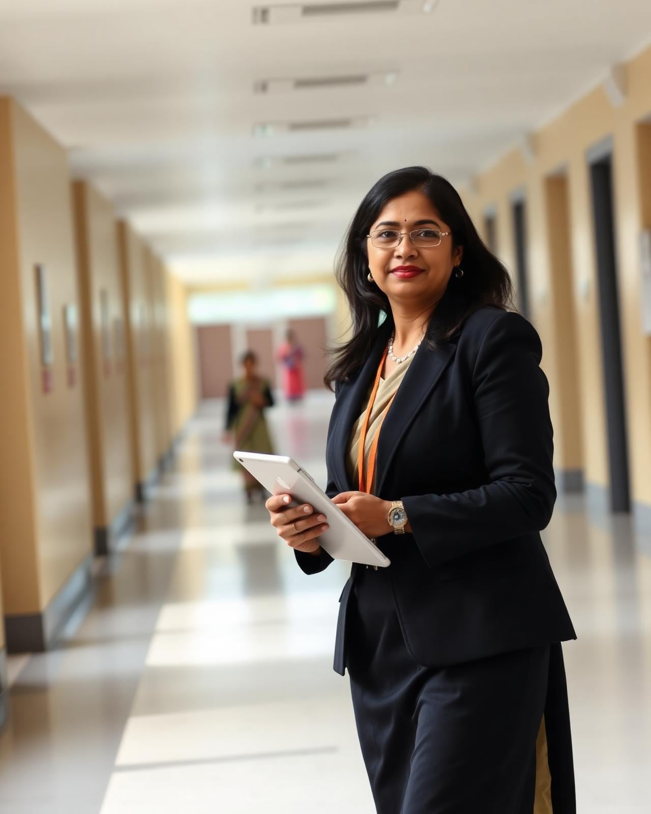 Indian school principal in a school corridor holding a tablet