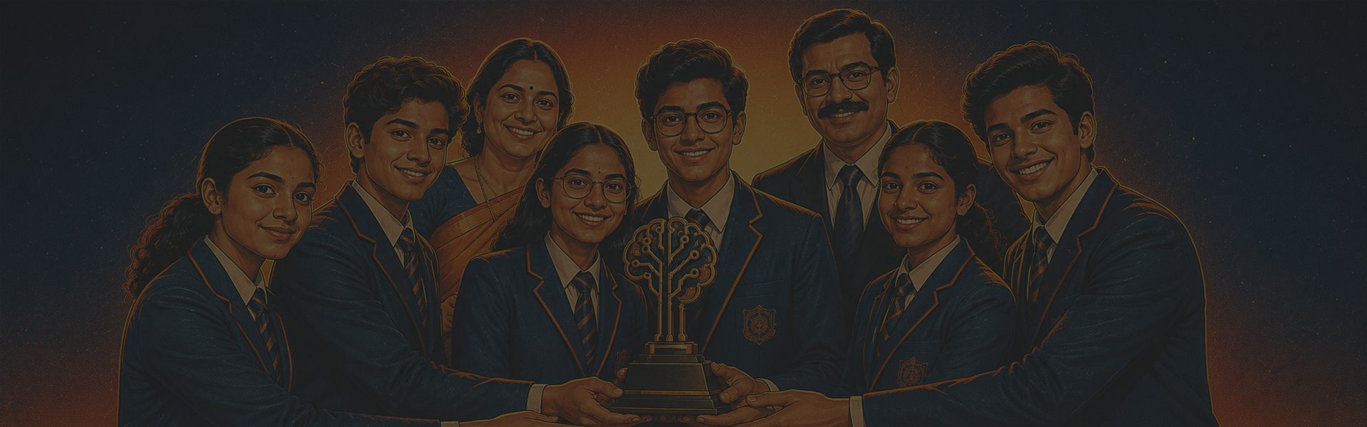 Students, teachers and a principal holding an AI trophy together