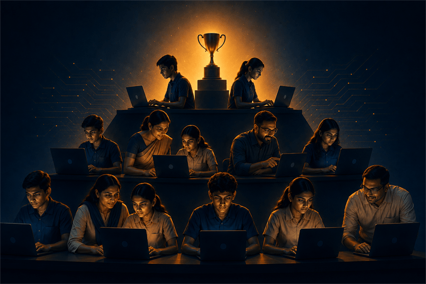 Students and teachers competing at laptops
