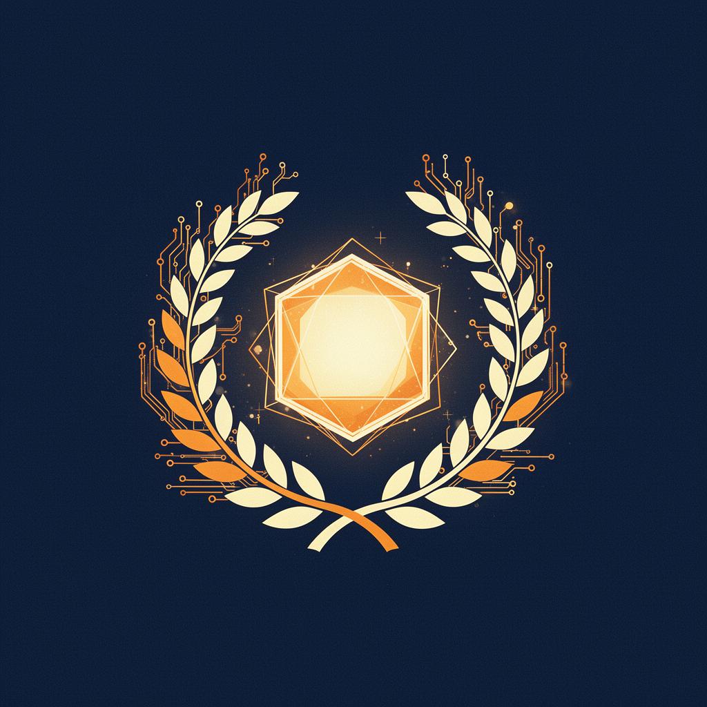 Laurel wreath of circuitry around a luminous medallion, representing AI Champion schools