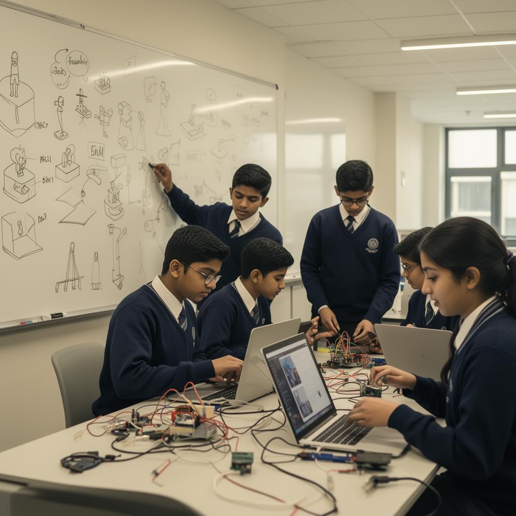 Indian secondary school students collaborating on an AI innovation project in a school lab